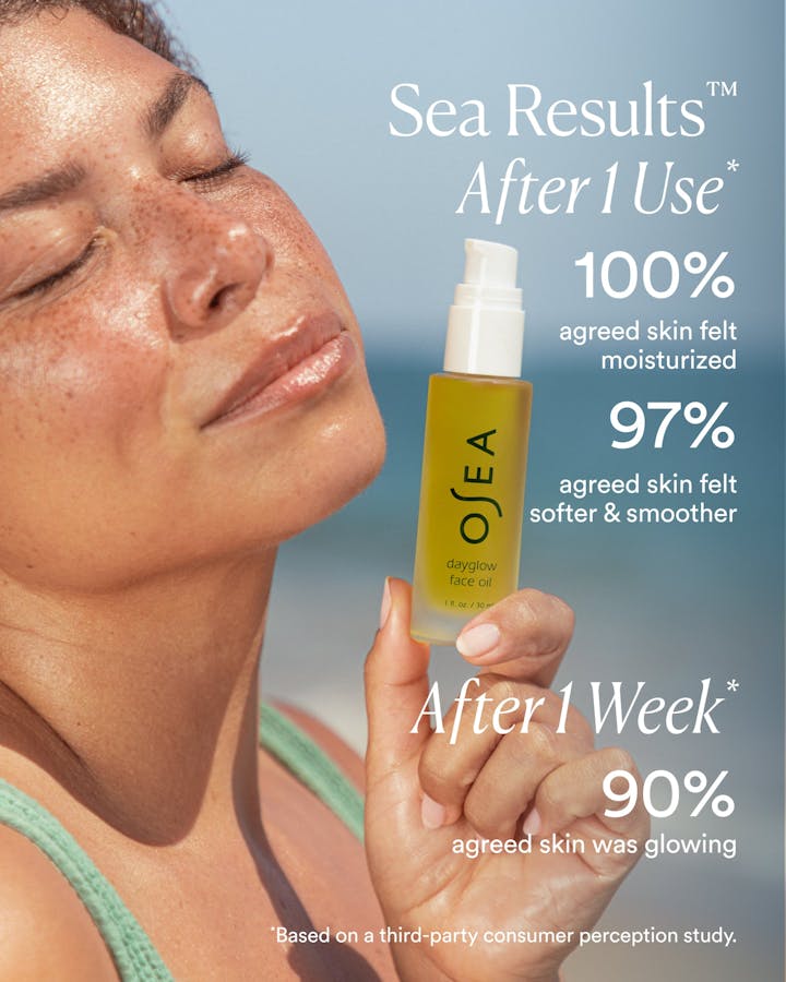 Woman holding a bottle of OSEA product with text about skin moisturization and smoothness.