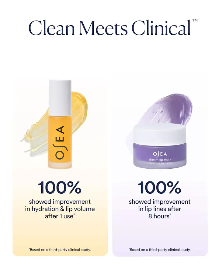 Clean Meets Clinical' graphic showing the Hyaluronic Lip Oil Booster with a 100% improvement in hydration and lip volume after 1 use, and the Dream Lip Mask with a 100% improvement in lip lines after 8 hours, both based on third-party clinical studies.