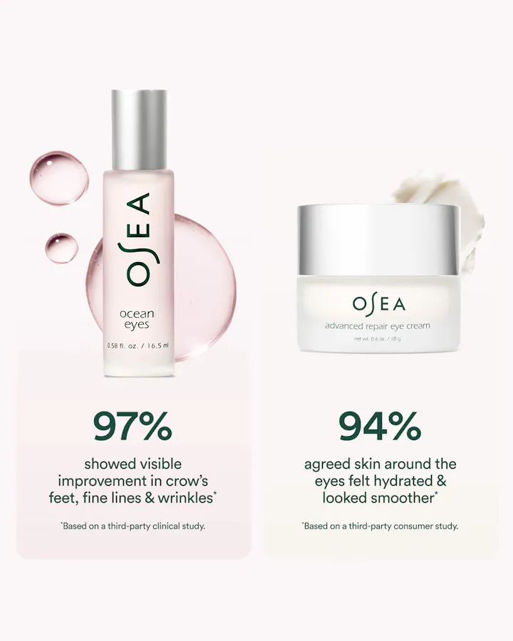 OSEA eye cream bottle and jar with product benefits on a white background