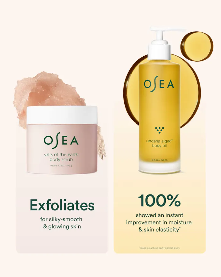 OSEA skincare set featuring a jar of Salts of the Earth Body Scrub on the left and a bottle of Undana Algae Body Oil on the right, set against a soft beige background with graphic design elements.