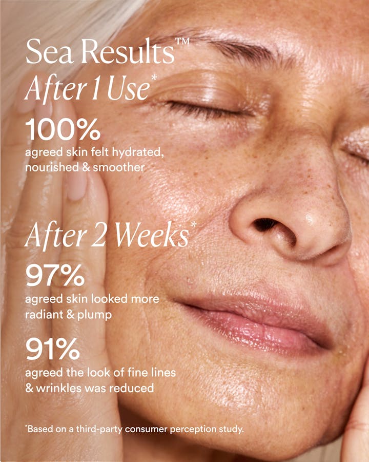 Advertisement for Sea Results skincare product showing a close-up of a person's face with text highlighting skin hydration and improvement over time.