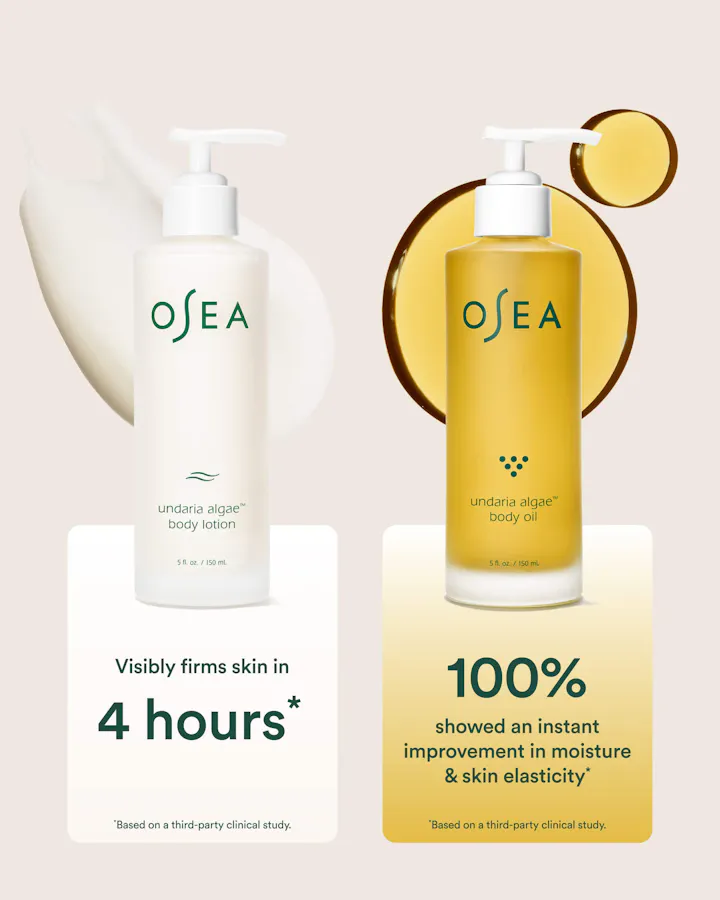 OSEA body lotion and body oil on a beige background