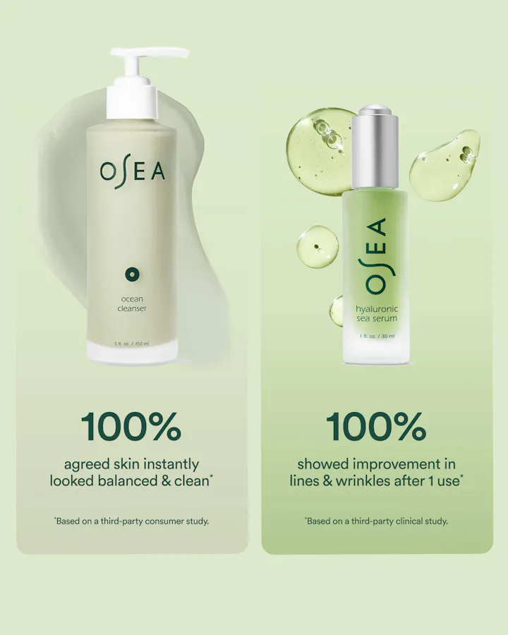 OSEA skincare products on a light green background with text about product effectiveness.