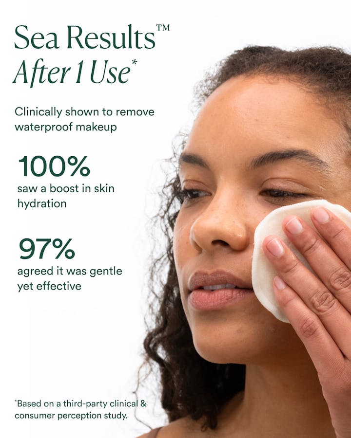 Woman using a Sea Results product on her face with text highlighting skincare benefits.