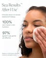 Woman using a Sea Results product on her face with text highlighting skincare benefits.