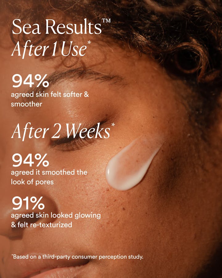 Clinical results showing softer skin after one use and improved pores and radiance after two weeks