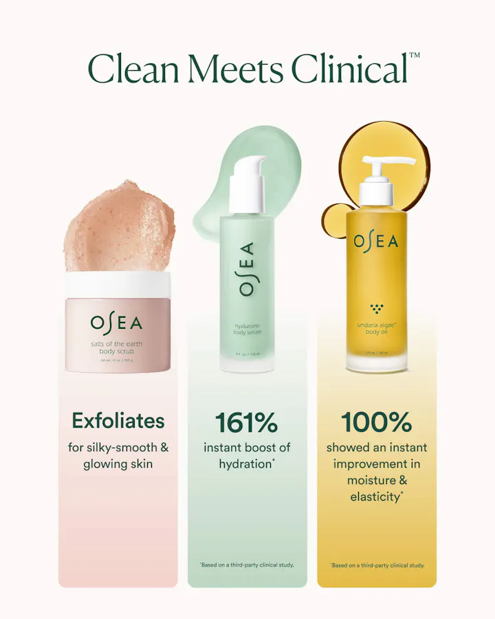 Clean Meets Clinical' graphic showing the three Sea Glow Body Routine products with clinical study results: Salts of the Earth Body Scrub exfoliates for silky-smooth, glowing skin; Hyaluronic Body Serum shows a 161% instant boost of hydration; Undaria Algae Body Oil shows 100% instant improvement in moisture and elasticity, based on third-party clinical studies.