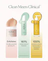 Clean Meets Clinical' graphic showing the three Sea Glow Body Routine products with clinical study results: Salts of the Earth Body Scrub exfoliates for silky-smooth, glowing skin; Hyaluronic Body Serum shows a 161% instant boost of hydration; Undaria Algae Body Oil shows 100% instant improvement in moisture and elasticity, based on third-party clinical studies.