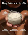 Hands holding an open jar of OSEA Undaria Algae Body Butter with a 'new scent!' callout, alongside text reading 'Body Butter with Benefits: Locks in 72 hour hydration, Visibly firms & minimizes crepiness, Leaves skin smooth & supple,' based on a third-party clinical study.
