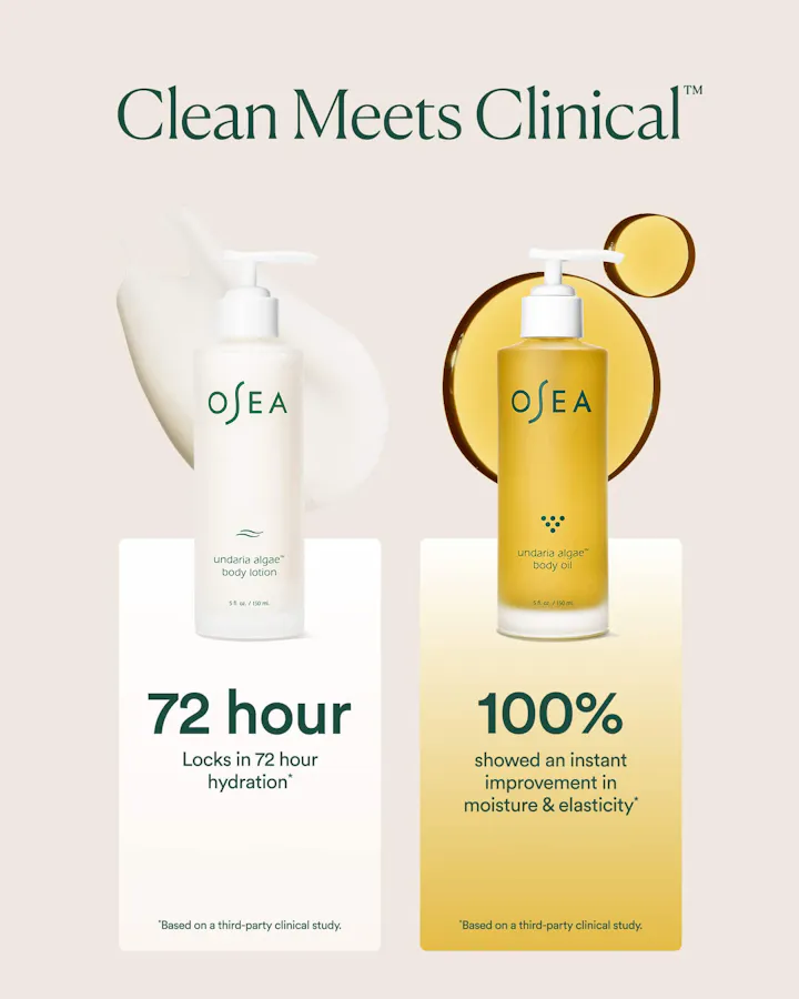Clean Meets Clinical' graphic showing Undaria Algae Body Lotion and Undaria Algae Body Oil with clinical study results: the lotion locks in 72 hour hydration, and the oil shows 100% instant improvement in moisture and elasticity, based on third-party clinical studies.