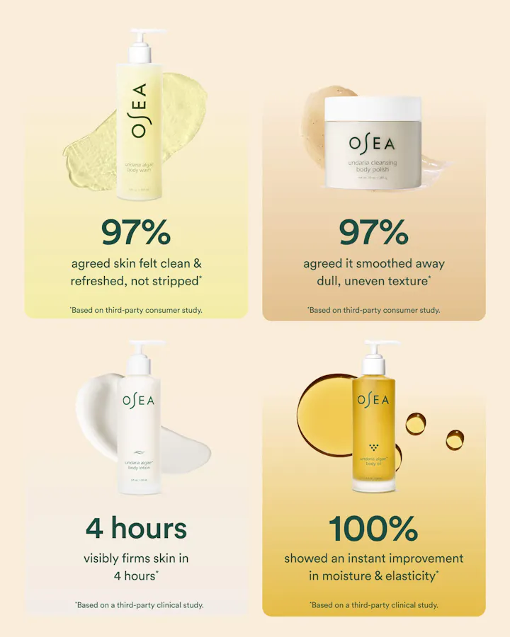 Osea skincare products with text on a beige background