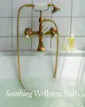Gold bathtub faucet with running water, OLEA bottle, and 'Soothing Wellness Bath' text.