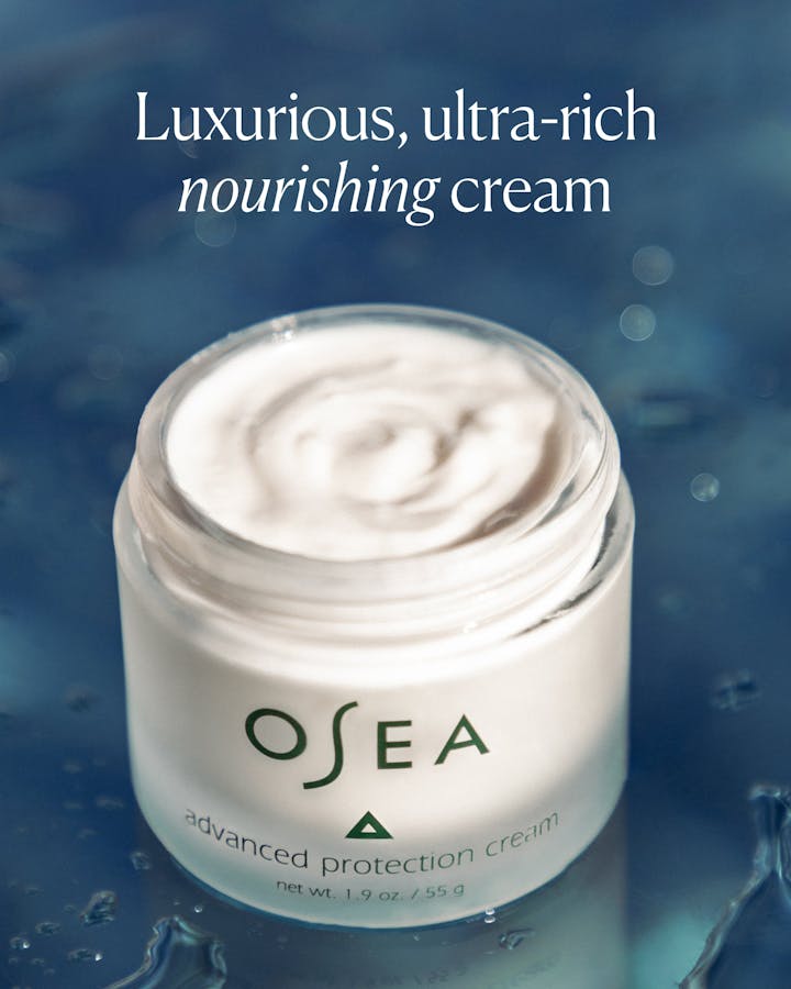 Open jar of ultra-rich Advanced Protection Cream emphasizing luxurious, nourishing texture