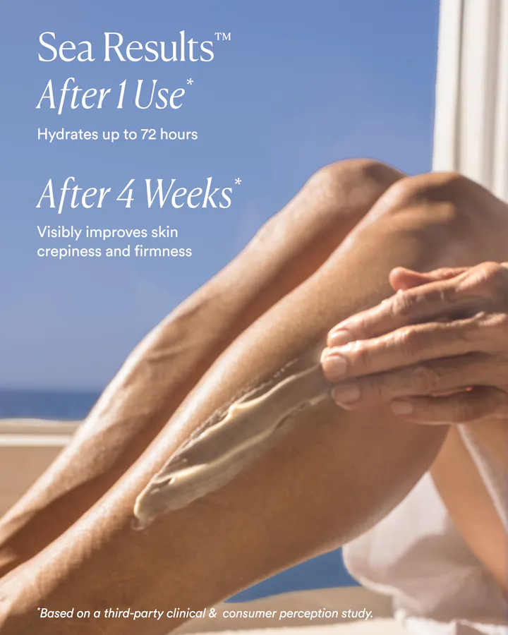 Close-up of body butter being applied to legs against a blue sky backdrop, with clinical result callouts reading 'Sea Results After 1 Use: Hydrates up to 72 hours' and 'After 4 Weeks: Visibly improves skin crepiness and firmness,' based on a third-party clinical and consumer perception study.