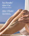 Close-up of body butter being applied to legs against a blue sky backdrop, with clinical result callouts reading 'Sea Results After 1 Use: Hydrates up to 72 hours' and 'After 4 Weeks: Visibly improves skin crepiness and firmness,' based on a third-party clinical and consumer perception study.