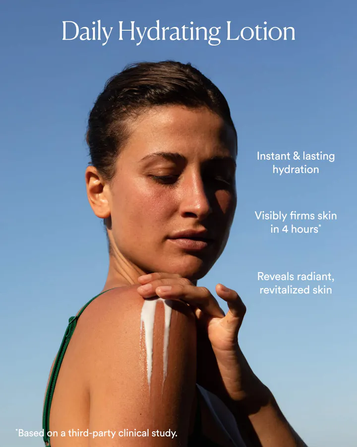 Close-up of a woman applying OSEA Undaria Algae Body Lotion to her shoulder against a blue sky, with text reading 'Daily Hydrating Lotion: Instant & lasting hydration. Visibly firms skin in 4 hours. Reveals radiant, revitalized skin,' based on a third-party clinical study.