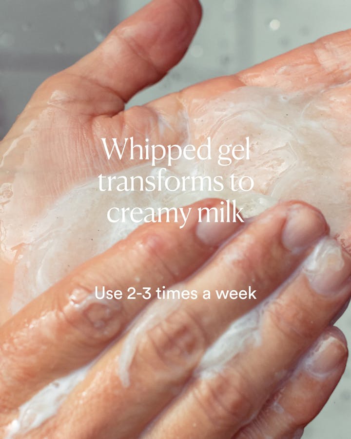 Hand applying whipped gel that transforms into a creamy milk, with text on transformation and usage frequency.