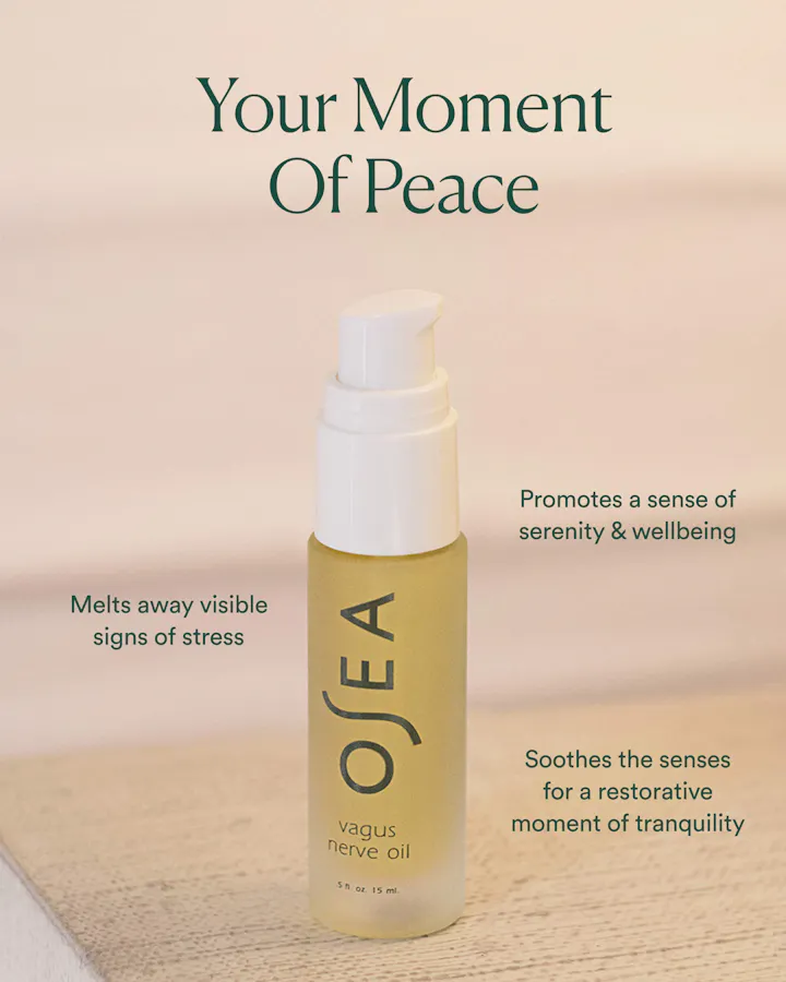 Oseas vagus nerve oil bottle with promotional text on a beige background