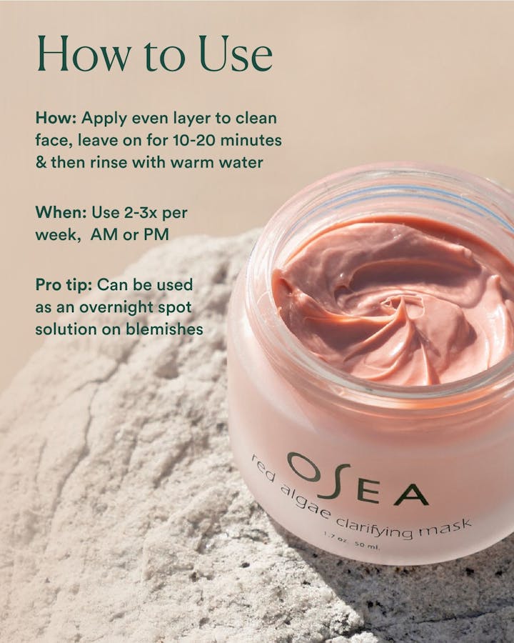 OSEA red algae clarifying mask jar with usage instructions on a textured beige background