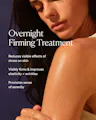 Woman with text about an overnight firming treatment on a purple background