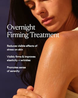 Woman with text about an overnight firming treatment on a blue background