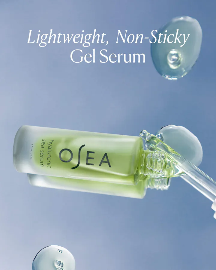 OSEA gel serum bottle with dropper on a blue background