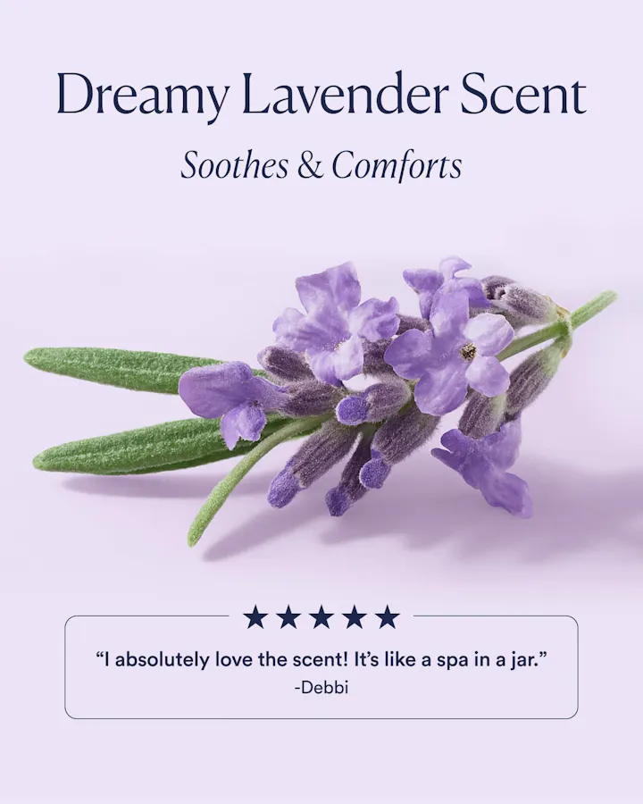 Lavender flower with text about dreamy lavender scent on a light purple background