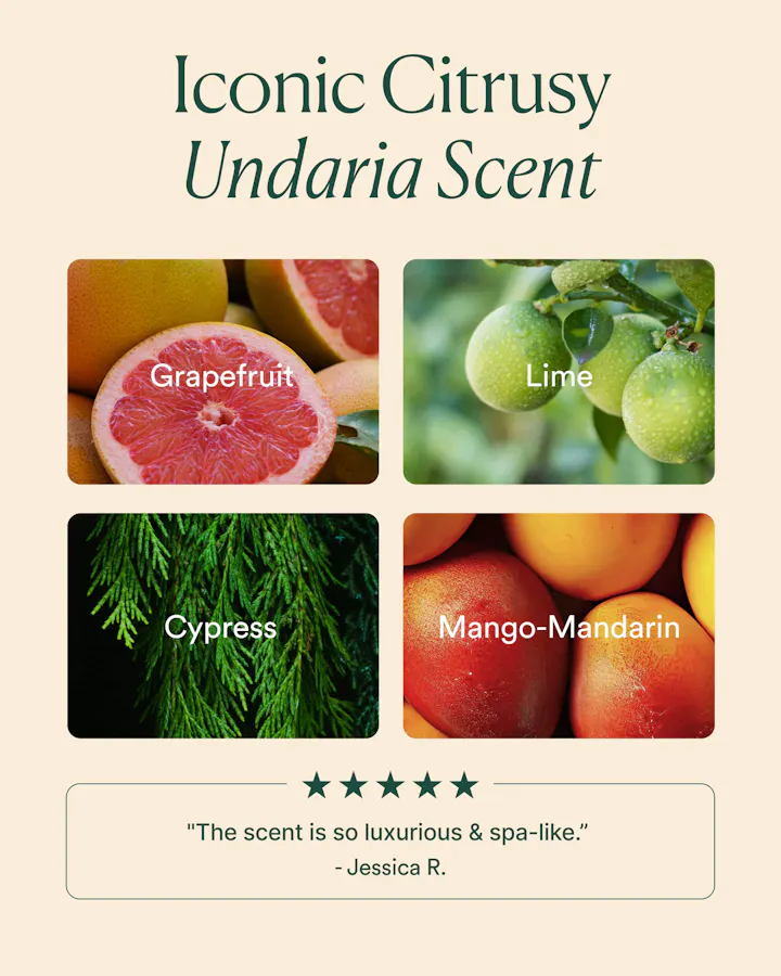 Promotional graphic for citrusy scents with images of grapefruit, lime, cypress, and mango-mandarin.