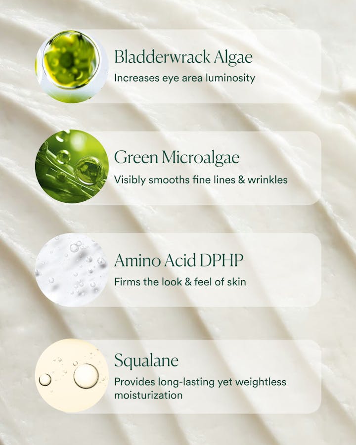 Key ingredients including bladderwrack algae, green microalgae, amino acid DPHP, and squalane for luminosity and smoothing