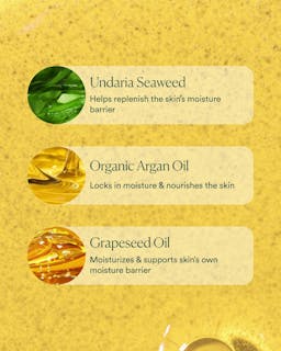 Product label with Undaria Seaweed, Organic Argan Oil, and Grapeseed Oil on a yellow background