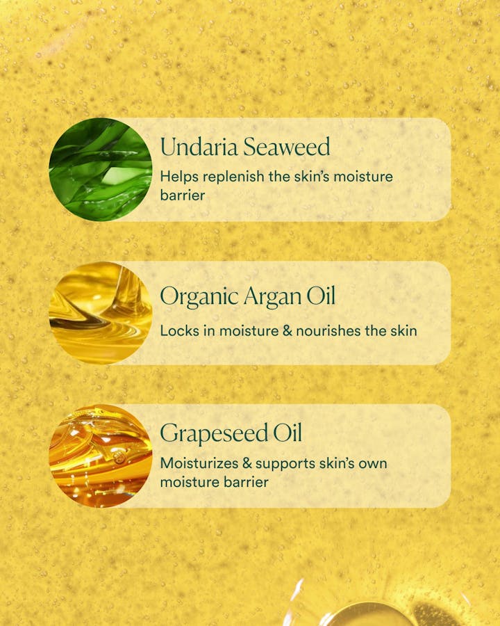 Product label with Undaria Seaweed, Organic Argan Oil, and Grapeseed Oil on a yellow background