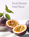 Passion fruit with a cut open to reveal its interior on a white background.