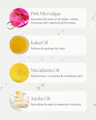 Key ingredients in Essential Hydrating Oil: pink microalgae, kukui oil, macadamia oil, and jojoba oil