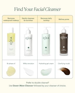 OSEA facial cleanser products with their respective uses on a beige background