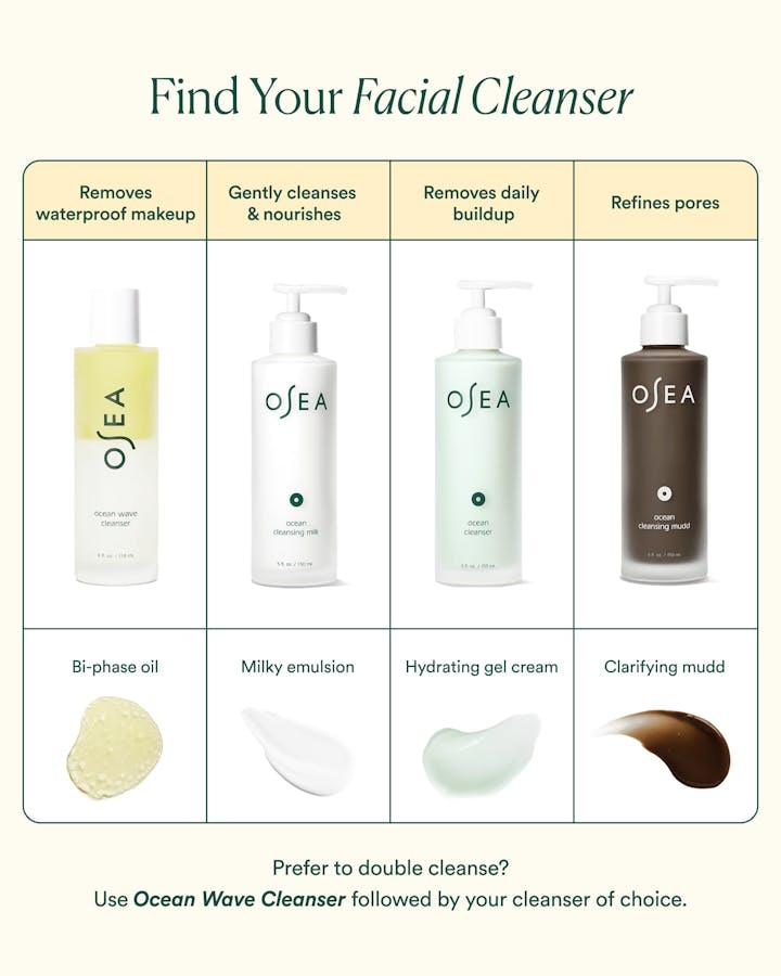 OSEA facial cleanser products with their respective uses on a beige background