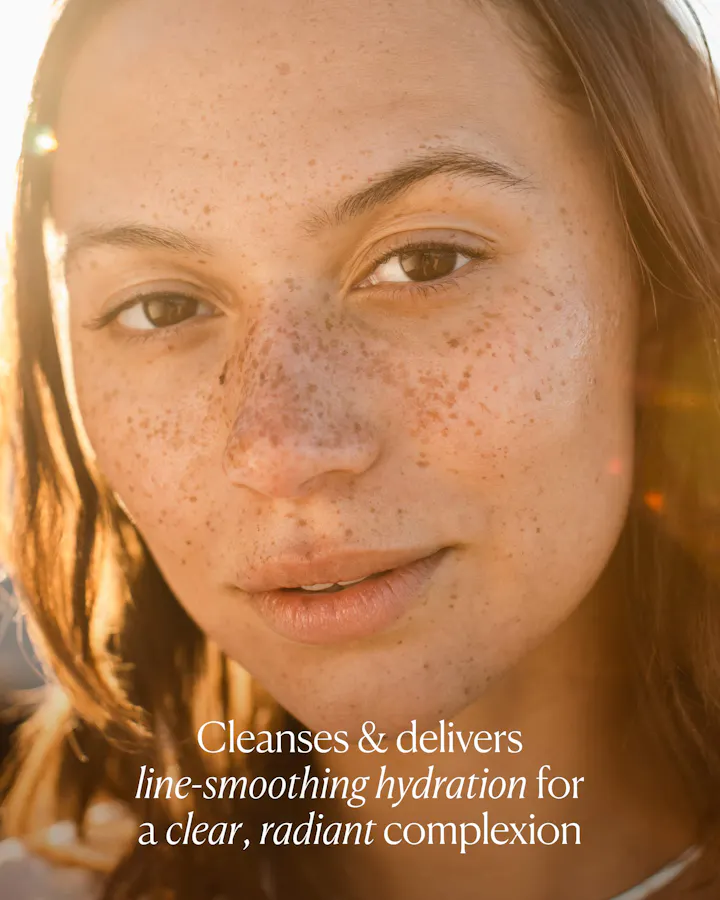 Close-up of a person's face with text about skincare benefits