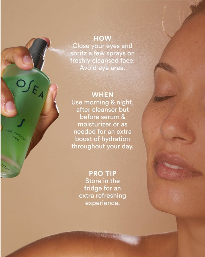 Person holding a green bottle labeled 'OSEA' with text on how to use it.