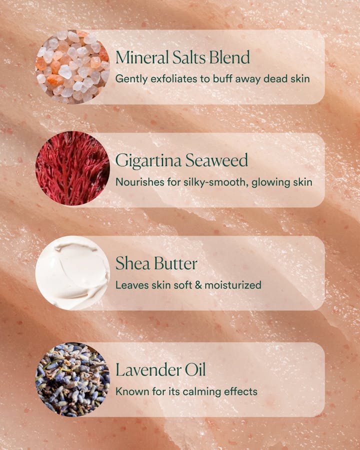 Skincare product ingredients with images and descriptions on a skin texture background