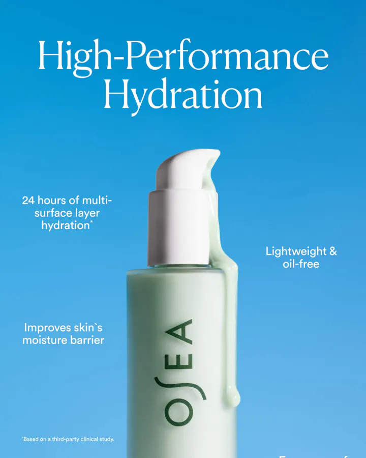 Close-up of an OSEA Hyaluronic Body Serum pump bottle with product dripping down the side against a blue background, with text reading 'High-Performance Hydration: 24 hours of multi-surface layer hydration, lightweight & oil-free, improves skin's moisture barrier,' based on a third-party clinical study.