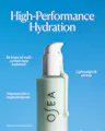 Close-up of an OSEA Hyaluronic Body Serum pump bottle with product dripping down the side against a blue background, with text reading 'High-Performance Hydration: 24 hours of multi-surface layer hydration, lightweight & oil-free, improves skin's moisture barrier,' based on a third-party clinical study.