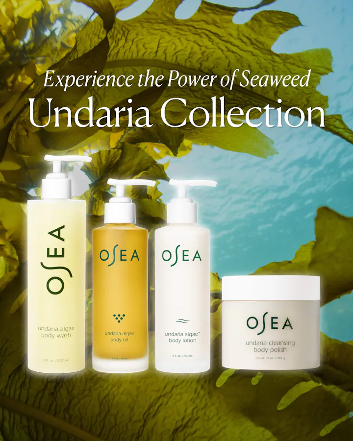OSEA skincare products with seaweed in the background