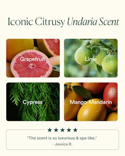 Promotional graphic for 'Iconic Citrusy Undaria Scent' with images of grapefruit, lime, cypress, and mango-mandarin, and a customer review.
