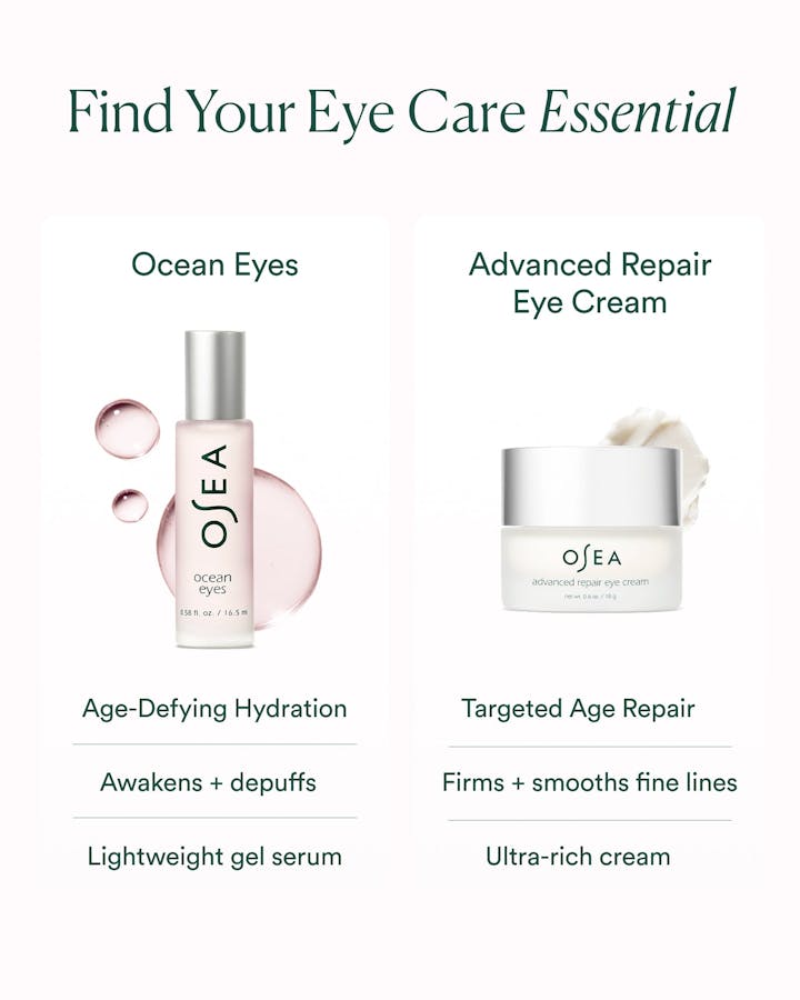 Eye care comparison chart featuring Ocean Eyes gel serum and Advanced Repair Eye Cream for targeted concerns