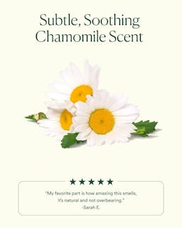 Chamomile flowers with text about a subtle, soothing scent and a five-star rating.
