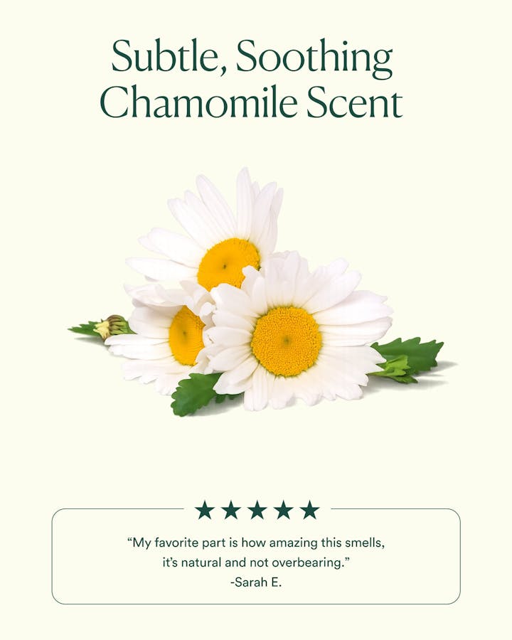 Chamomile flowers with text about a subtle, soothing scent and a five-star rating.