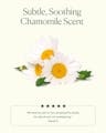 Chamomile flowers representing the oil’s subtle, soothing chamomile scent with five-star review quote