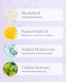 Lip care product ingredients with images and descriptions on a light purple background