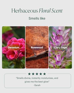Herbaceous floral scent description with images of geranium, rosewood, and clary sage.