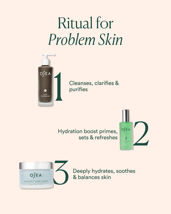 OSEA skincare products with step-by-step instructions on a beige background
