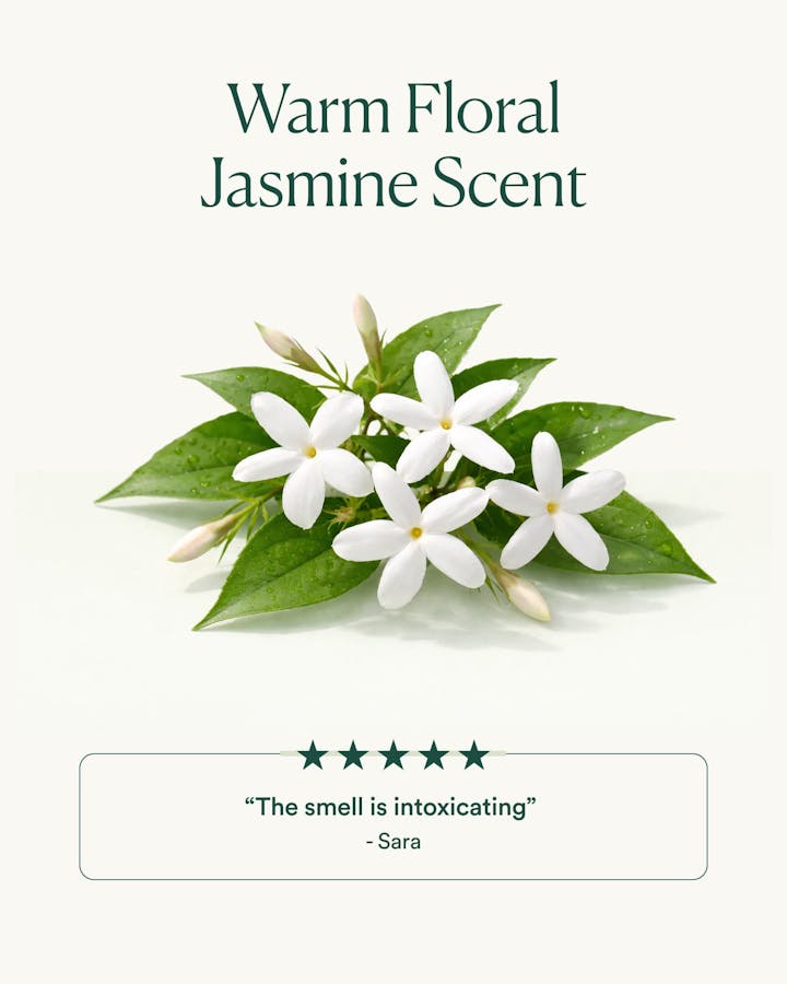 Warm Floral Jasmine scent callout with customer testimonial